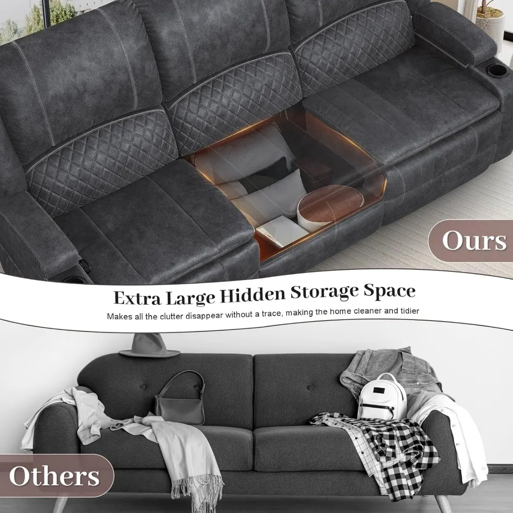 Velvet Fabric Recliner Sofa, 3 Seater Manual Reclining Sofa with Multi-Function Middle Seat, Reclining Couches for Living Room w