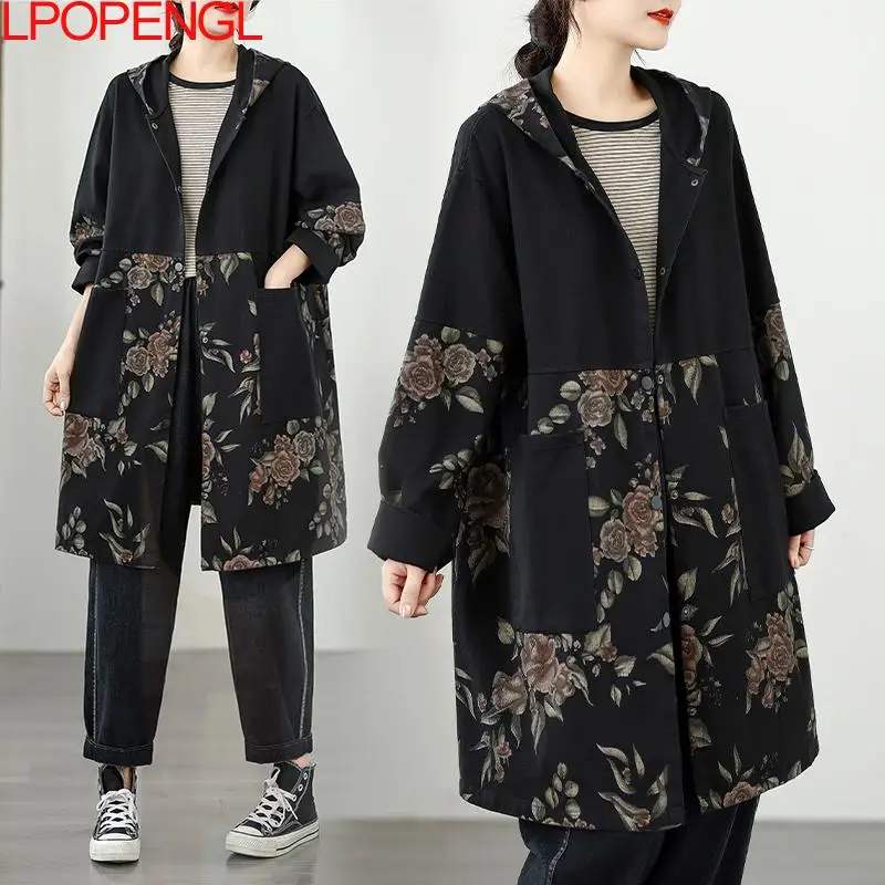 Ethnischer Stil, Retro-Blumen-Patchwork, große Tasche, Denim-Trenchcoat für Damen, lockere und schlankmachende Strickjacke mit Kapuze