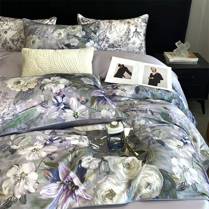 Floral 100% Egyptian Cotton Bedding Set, Vintage Flower Botanical Pattern, Luxury Soft Duvet Cover, Bed Sheet, Pillowcases 800TC