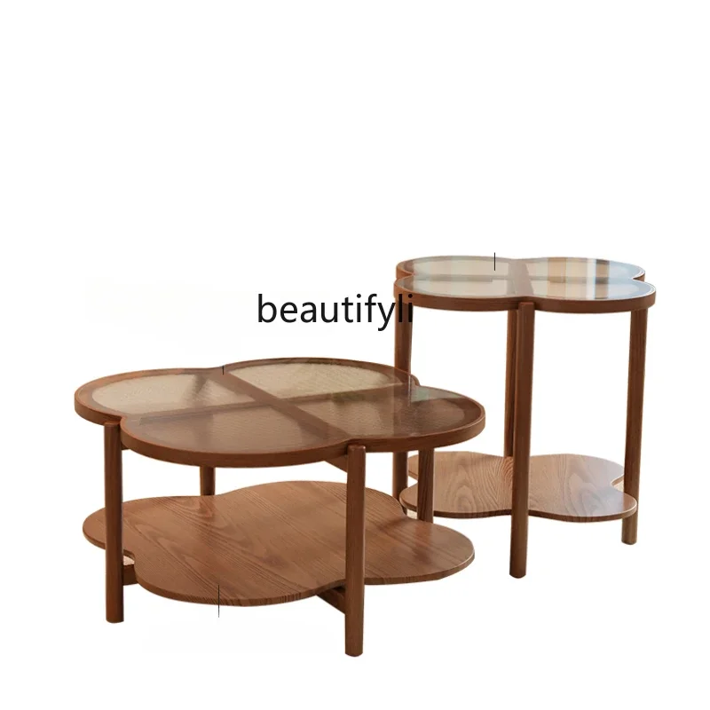 Cloud coffee table Solid wood living room Household simple modern small apartment Cream wabi sand wind coffee table