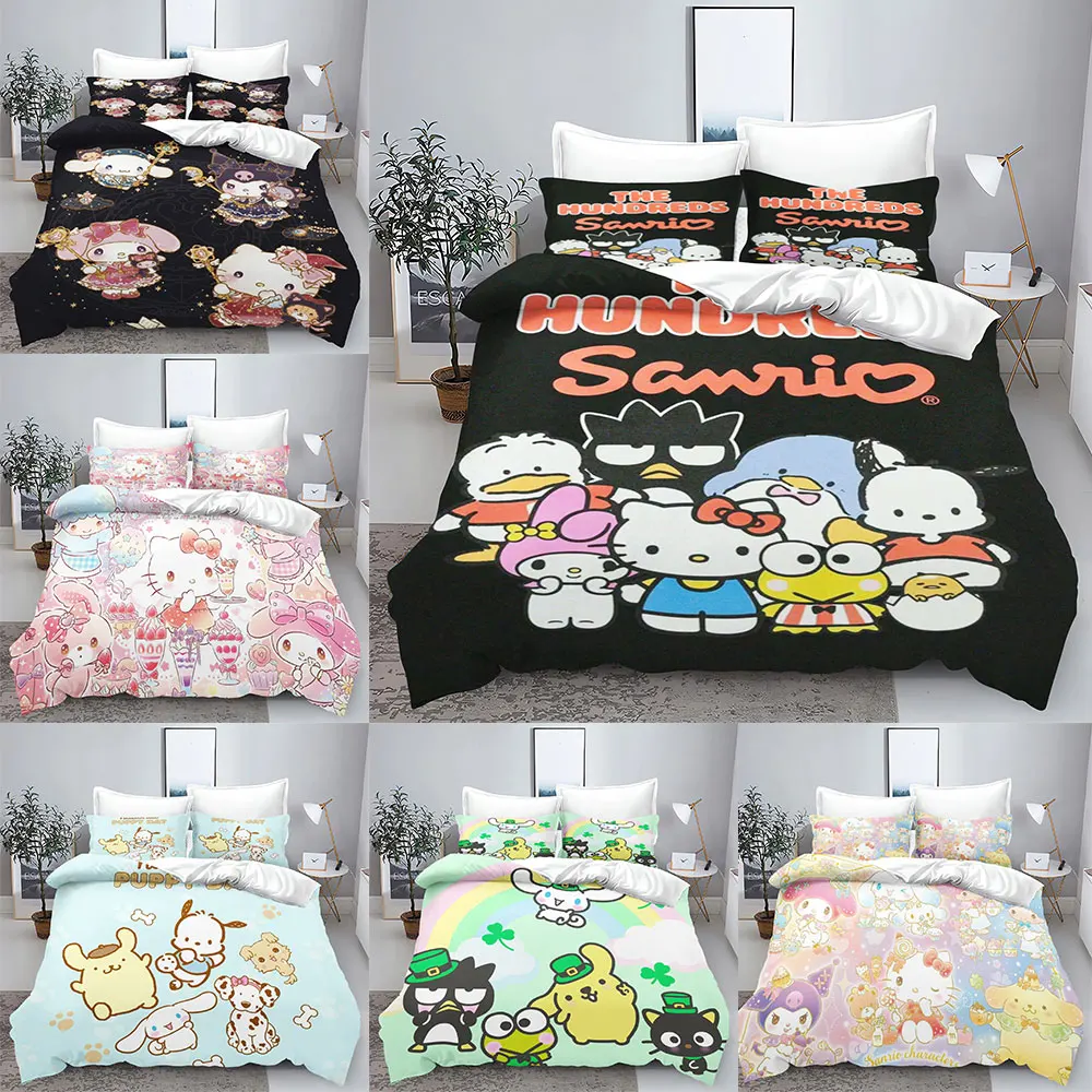 Cute Sanrio Collection Bedding Sets Cinnamoroll Melody Kuromi Kitty Bed Comforter Cover Duvet Cover Pillow Case 2-3 Pieces Sets