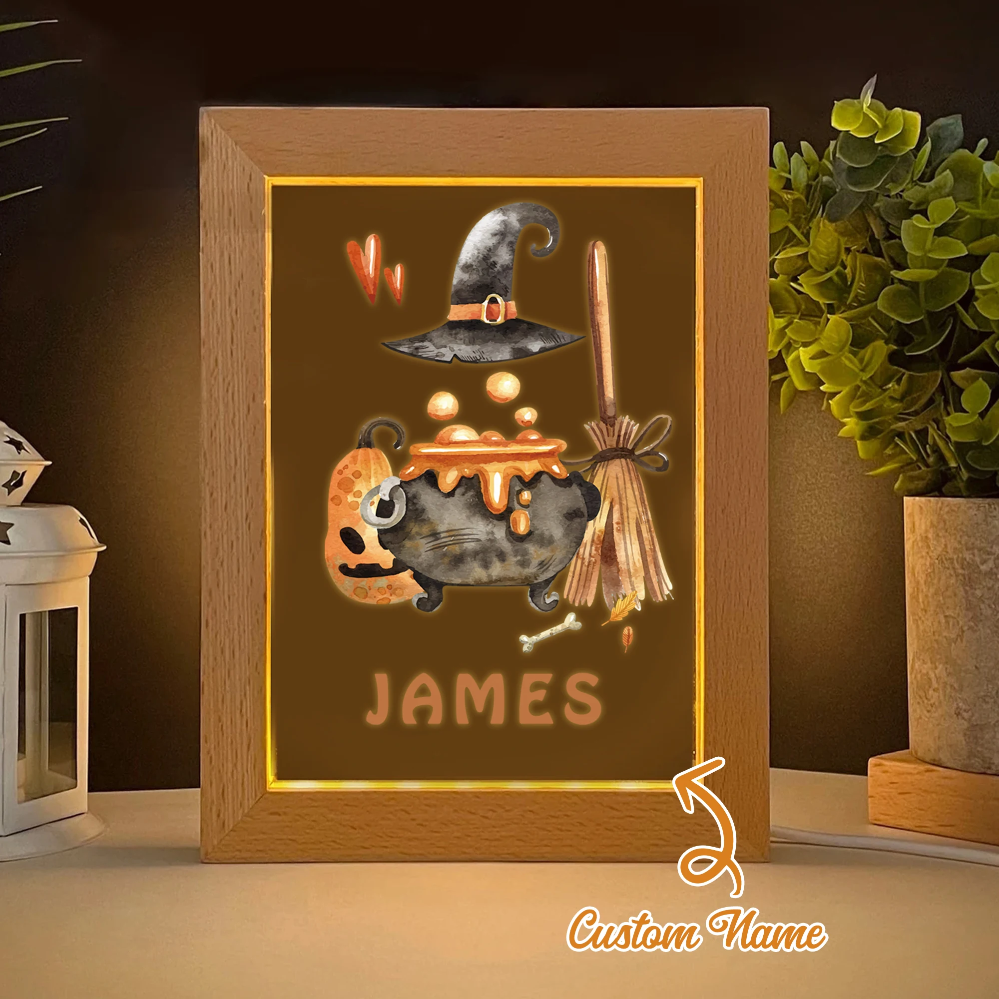 

2D Flat Custom Name Witch Hat Broom LED Acrylic Night Light Wooden Photo Frame 21x17cm Halloween Bedroom Gifts Home Decoration