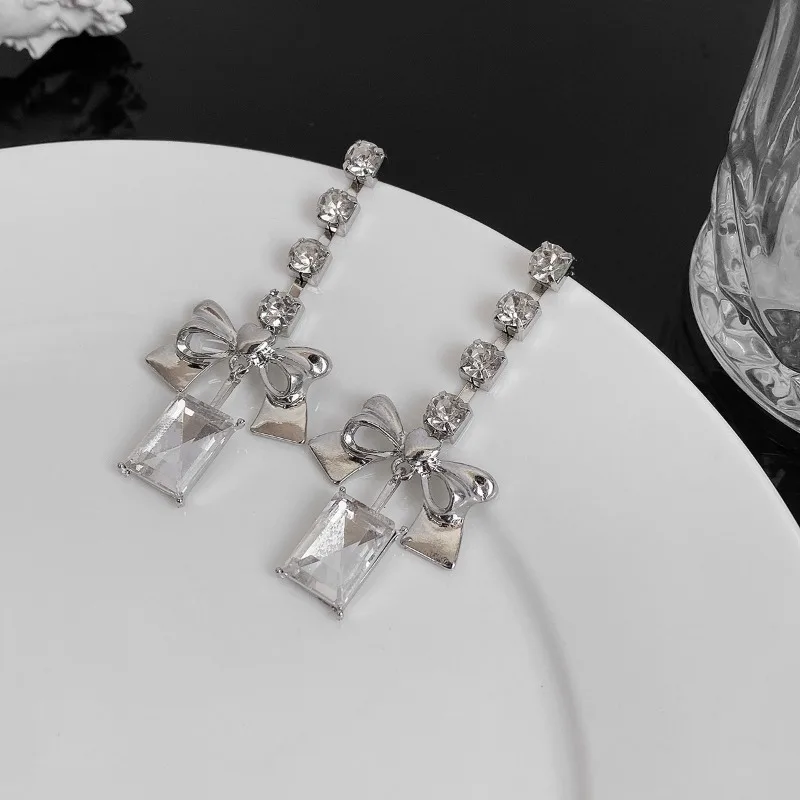 

925 Silver Needle Bow Square Zircon Tassels Stud Earring for Women Fine Customized Jewelry Minimalist Accessories Wholesale