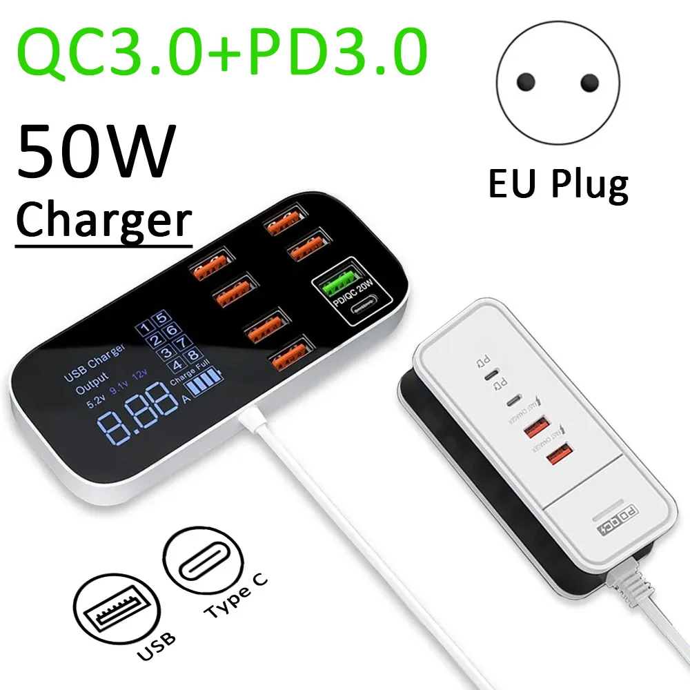 EU Plug Multi Port Charger Adapter with USB Type C and Quick Charge PD3.0 for Smartphone, Tablet & Laptop – Only .74!