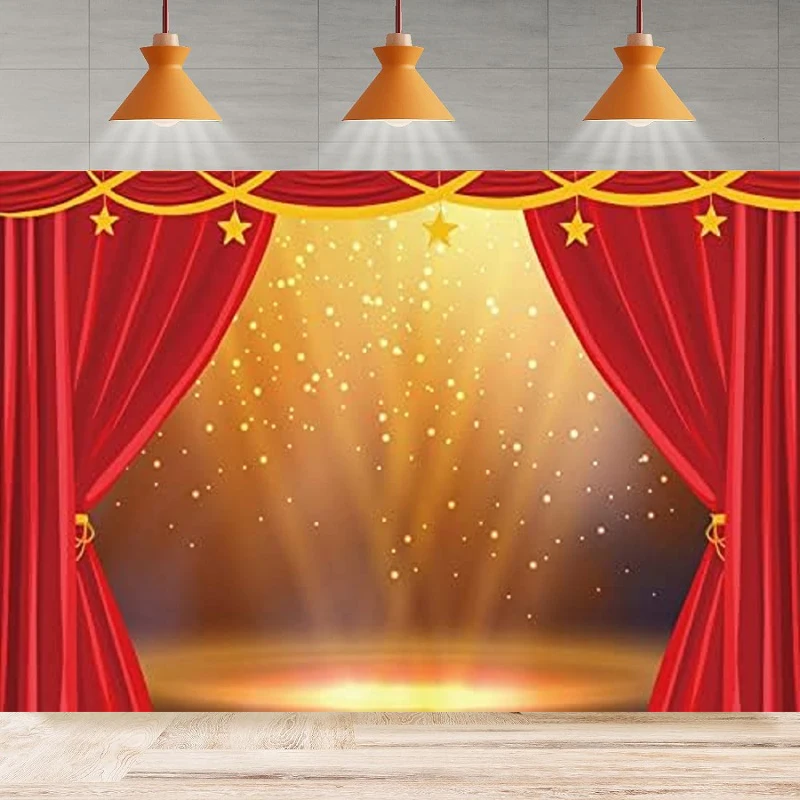 Photography Background Theater Red Stage Lights Glitter Red Curtains Golden Stars Happy Birthday Home Party Backdrop Wall Banner