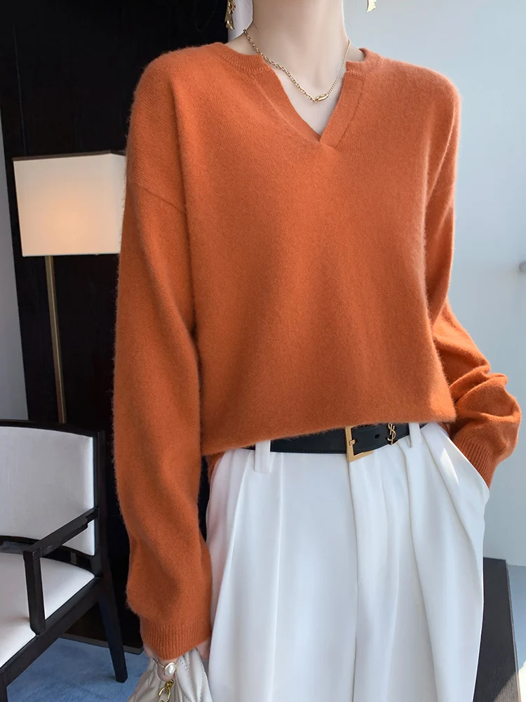 High Quality Women's V-neck Wool Sweater Autumn Winter Warm Cashmere Pullover 100% Merino Wool Knitwear Korean Popular Clothes