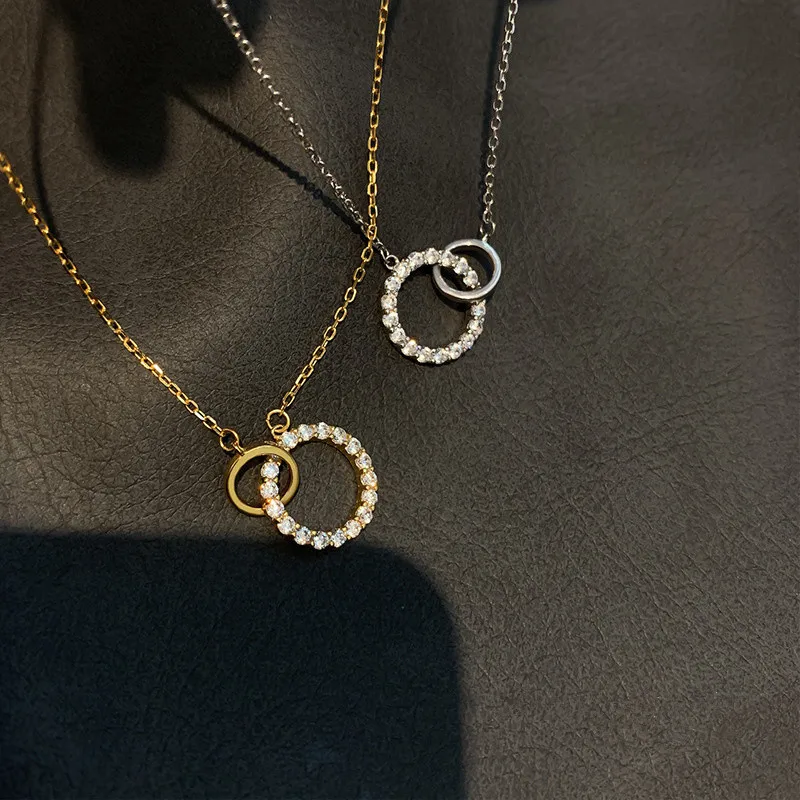 Fashion Crystal Double Circle Charm Pendent Necklace Creative Elegant Clavicle Chain Jewelry For Women Choker e1337