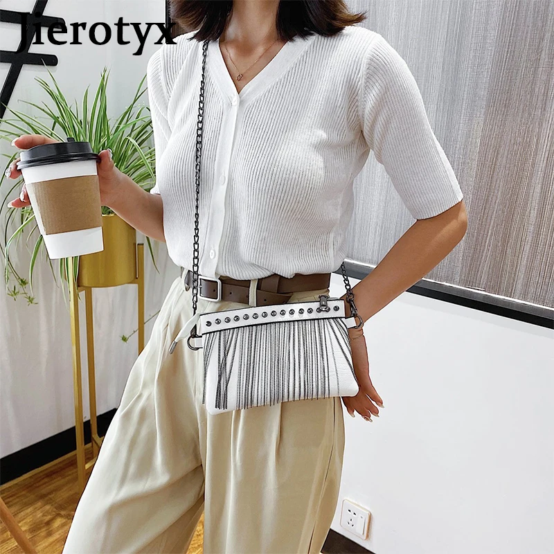 JIEROTYX Womens Crossbody Bags Small Tassel Rivet Shoulder Bag with Chain Strap Purse Pack Handbags for Girls Black White