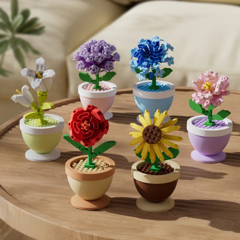 Bloques de construcción, macetas, rosas, girasoles, claveles, adornos de juguete educativos para niños con micrograno