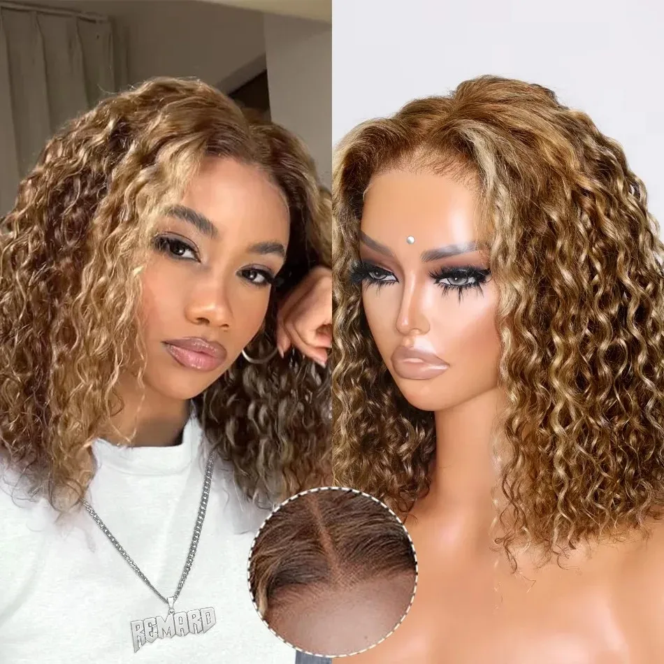 Highlights Ombre Bobpruik van Echt Haar 5x5 HD Kant Sluiting Pruik Krullend Kort Honingblond Gekleurd Lijmloze Deep Wave Frontal Pruiken 16 inch