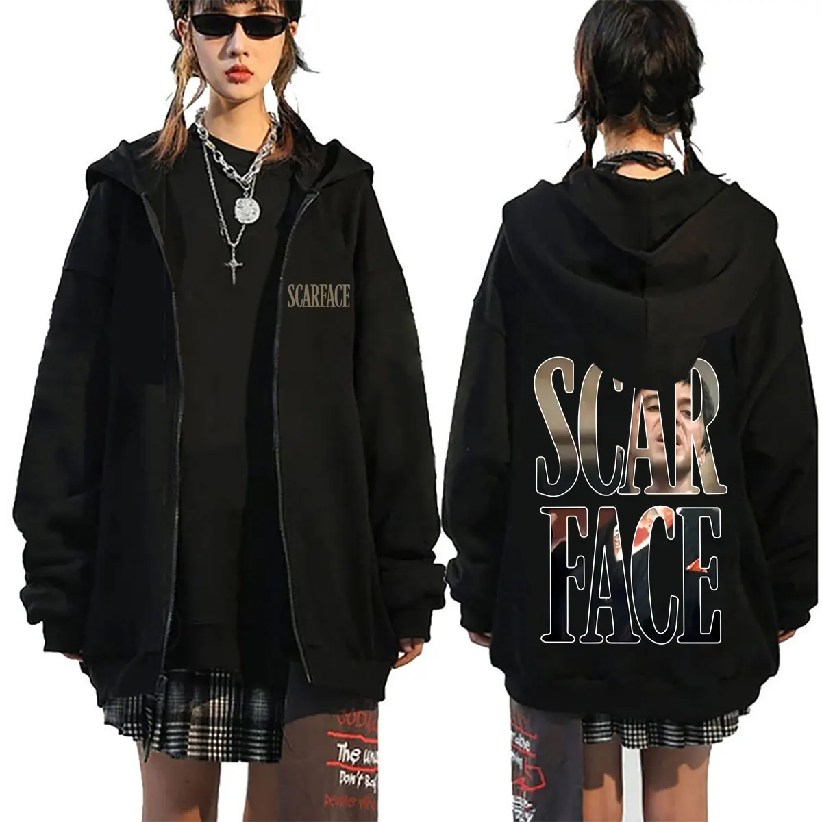 Classic Gangsters Movie Scarface Logo Graphic Zipper Hoodie Tony Montana Al Pacino Zip Up Jacket Men Oversized Zip Up Sweatshirt