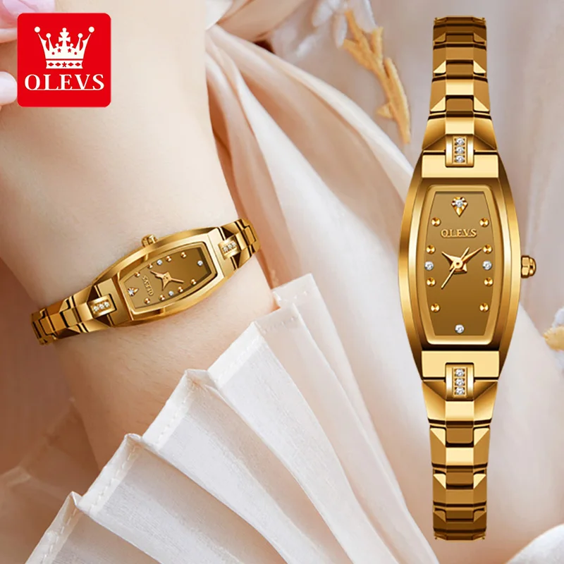 OLEVS Slim Thin Watch for Women Luxury Tungsten Steel Band Tonneau Design Square Shape Elegant Diamond Quartz Ladies Watch