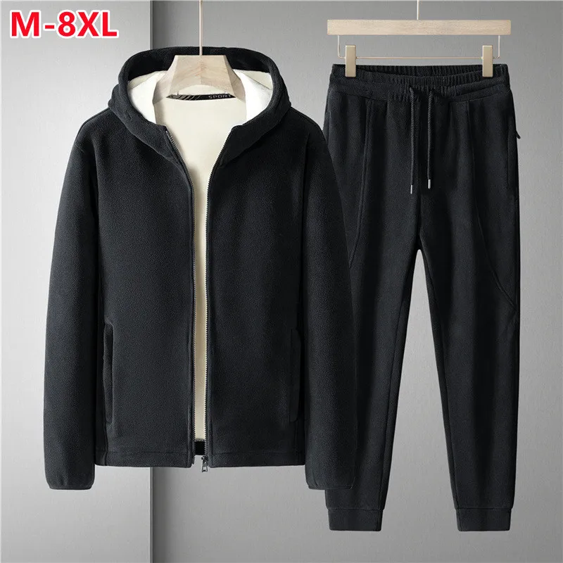 Plus Size 7xl 8xl Men's 2pcs Tracksuit Sets Winter Warm Polar Fleece Liner Jacket+pants Set Men Casual Thick Sportswear Clothes