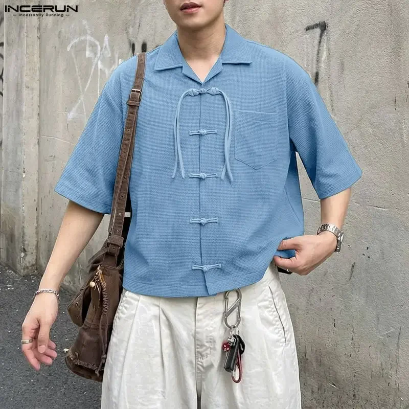 

INCERUN Men's Shirt Solid Lapel Short Sleeve Loose Vintage Men Clothes Streetwear 2026 Chinese Style Casual Tops Shirts For Man