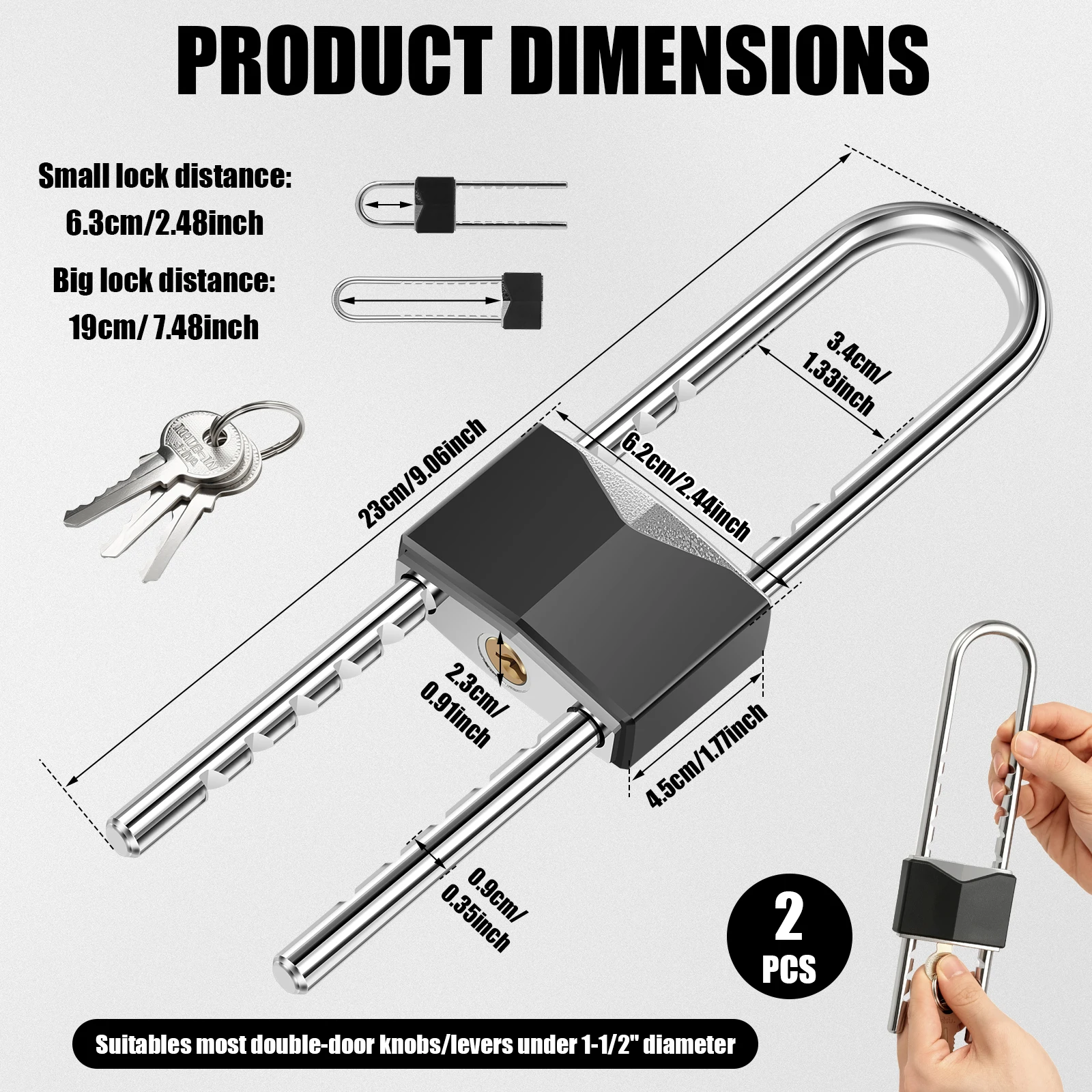 2Pcs French Door Lock Adjustable U Shape Double Door Security Handle Locks Keyless Locking Steel Padlock with Keys for Home Barn