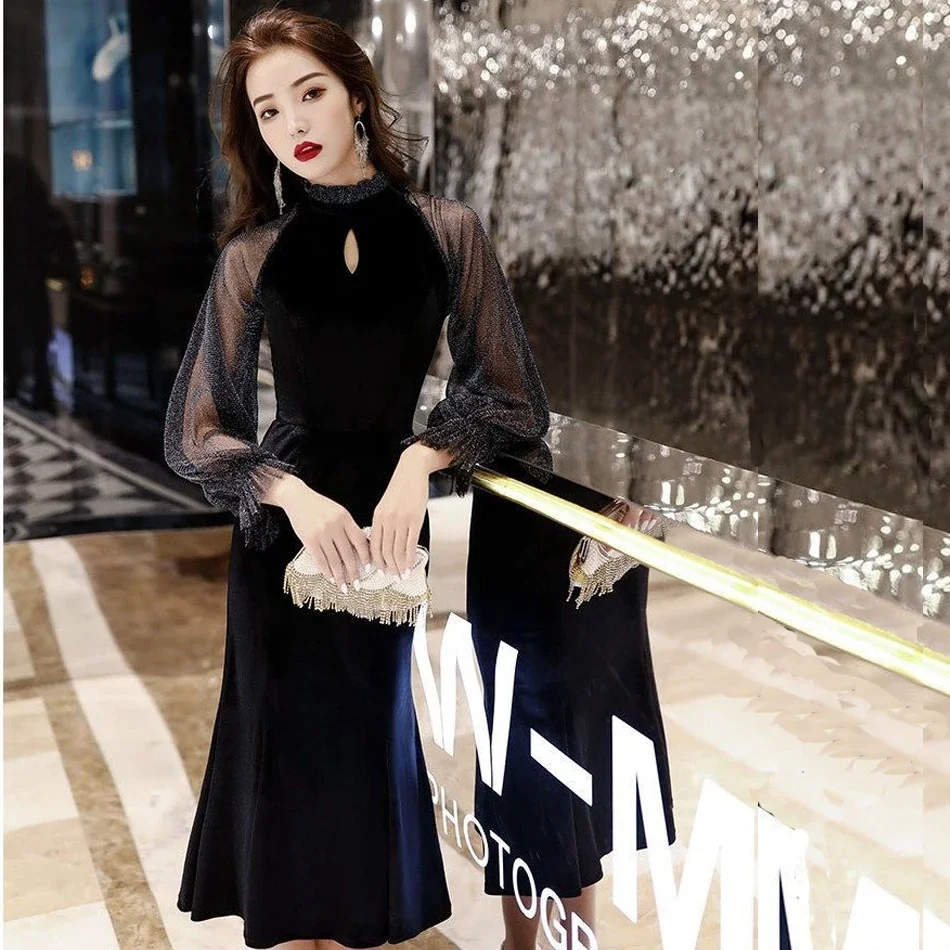 

Velvet Sexy Mid Length Fishtail Dress Mesh Sleeves, Elegant Luxury Slim Korean Autumn/winter Long Sleeved Maxi Dresses for Women