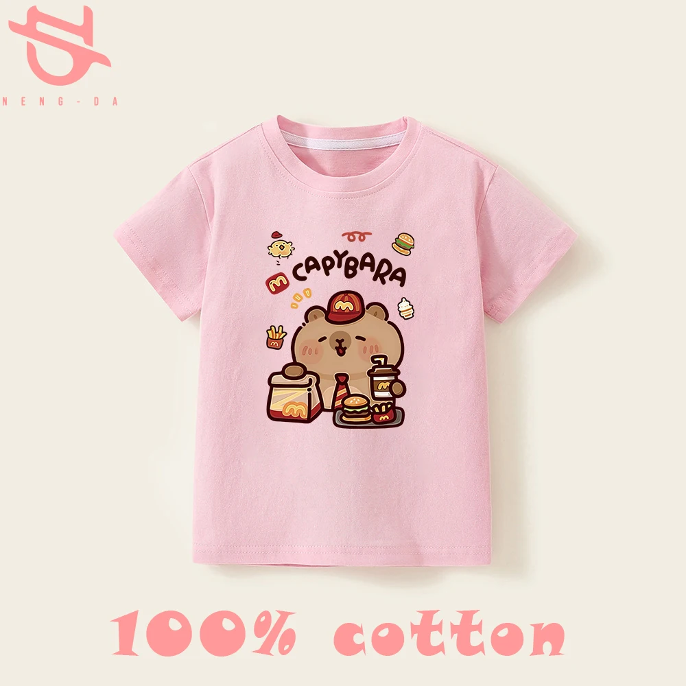 7 8 9 10 11 12T تي شيرت للأولاد 100% قطن بنات بنين تي شيرت رياضي قابل للتنفس تي شيرت كارتوني مطبوع وردي تي شيرت جديد 2025