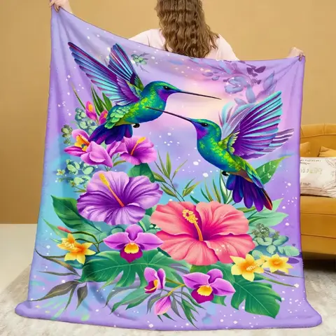 1pc JOOCAR Hummingbirds & Flowers Flannel Blanket - Contemporary Bedspread with Base Soft Bedspread Suitable for Boys Blanket