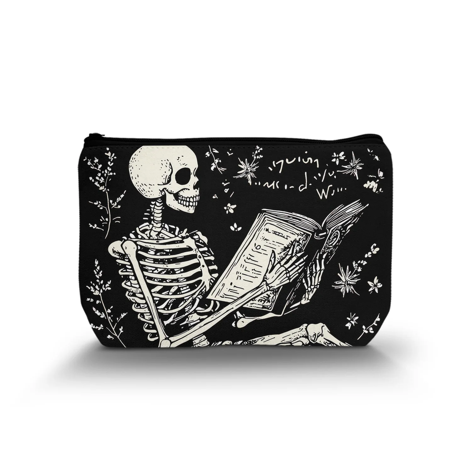 1Pc Funy Skeleton Man Reading A Book Cosmetic Bag Plant Leaves Abstract Art Style Multifunctional Cosmetic Bag 8.66X5.51Inch