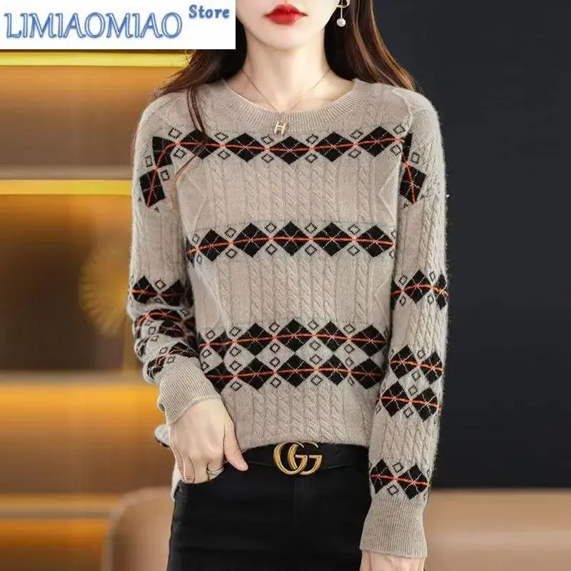 

Knitted Sweater Women's Autumn and Winter New Round Neck Pullover Color Matching Long Sleeved Loose and All-match Knit Top