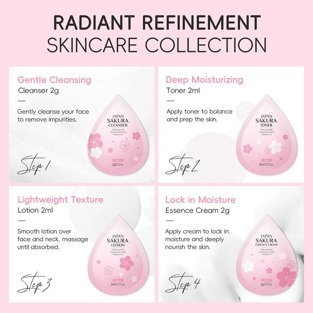 Cherry Blossom Essence Cleaning Set Experience Package Cleanser+toner+lotion+face Cream Portable Travel Skin Care Product Sample