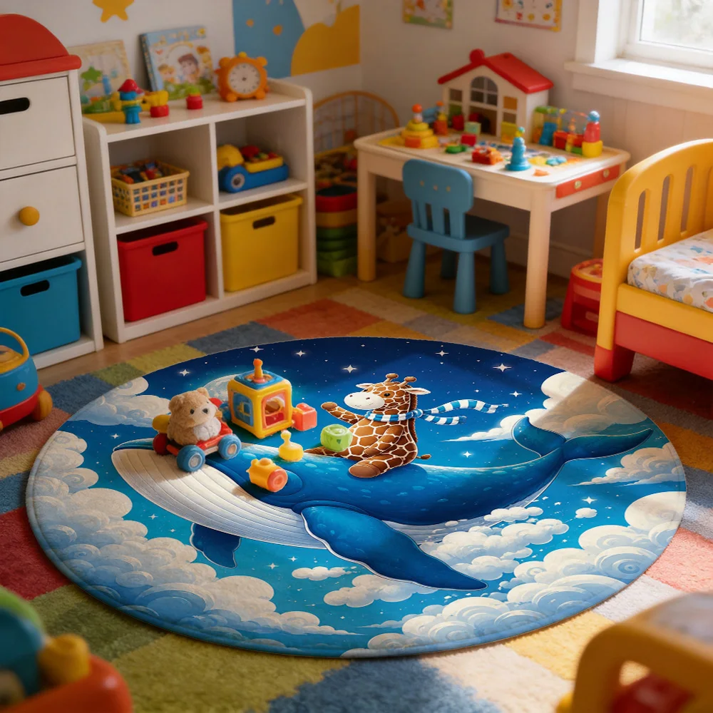 Cute Dolphin and Giraffe Under Stars Round Area Rug Nursery Kids Play Mat Blue Sky Cartoon Decor