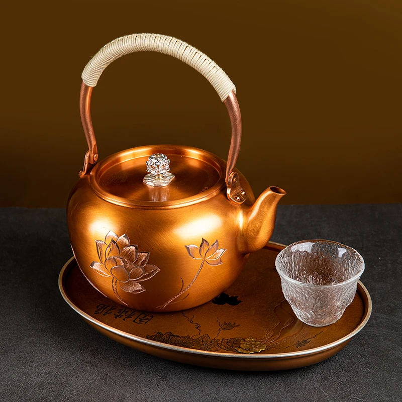 Hand-carved Purple Copper Teapot Chinese Vintage Pure Copper Carvings Boil Water Boiling Teapot Household Kung Fu Tea Set