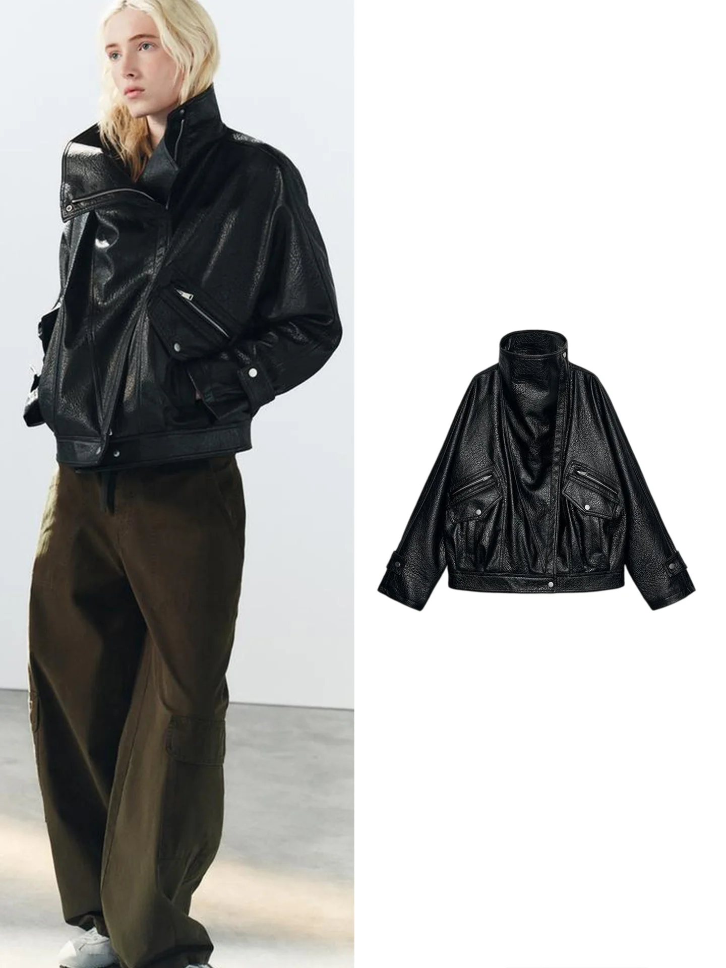 Fall New Women's Biker Style Short Jacket Zipper Shoulder Drop Long Sleeve Stand Collar Polyester Fiber Functional Fashion