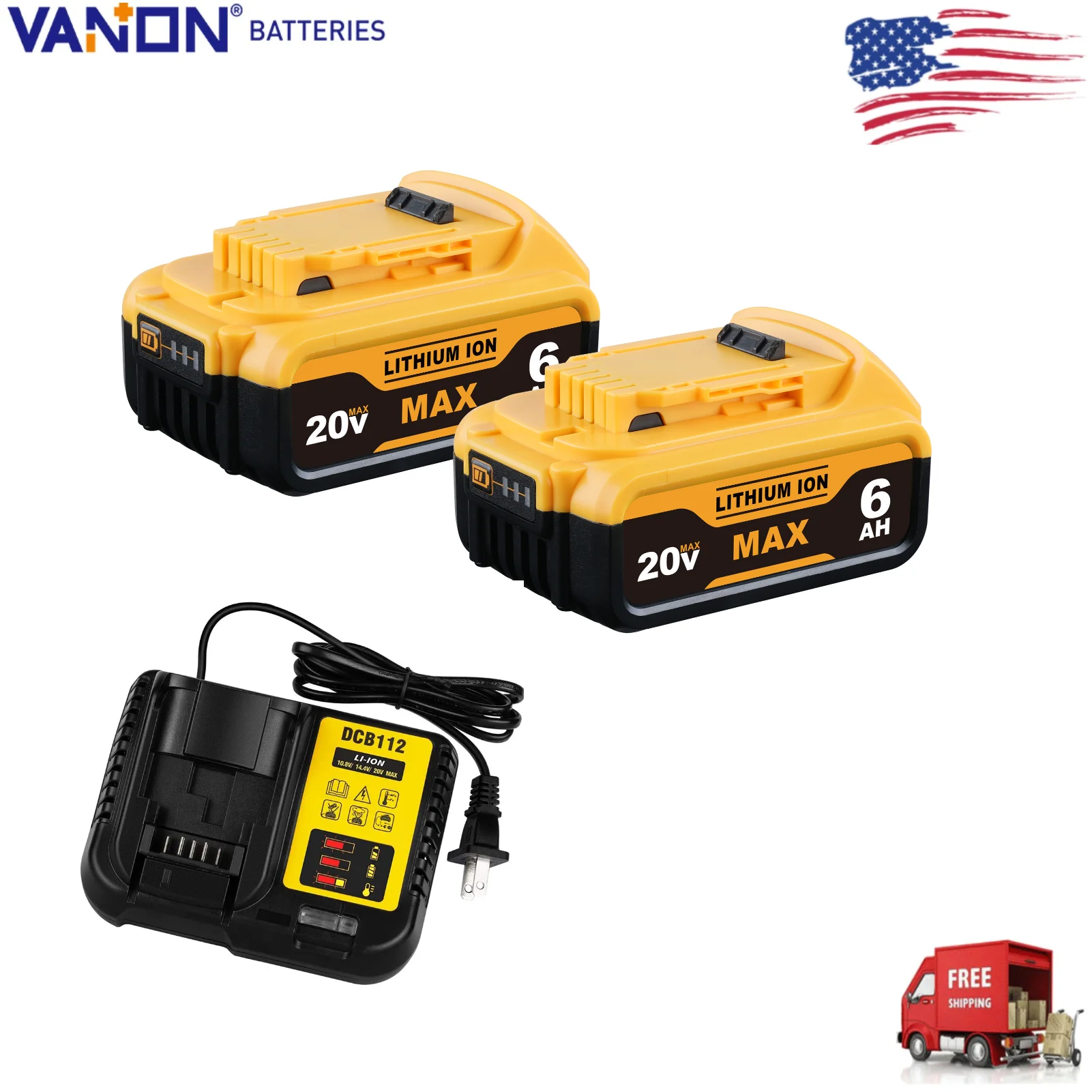 

Vanon 2PACK 20V 6.0Ah Lithium DCB200 Replacement for DEWALT DCB204 DCB203 DCB205 Battery and 12V-20V DCB112 Charger Combo Kit