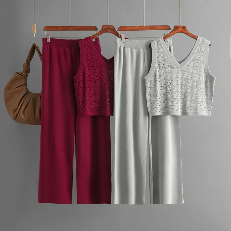 Two Piece Set Women Sleeveless Tops V Neck Vest Hollow Out Splice Knit Pant Sets Wide Leg Pant Regular Elegant Lady Outwear