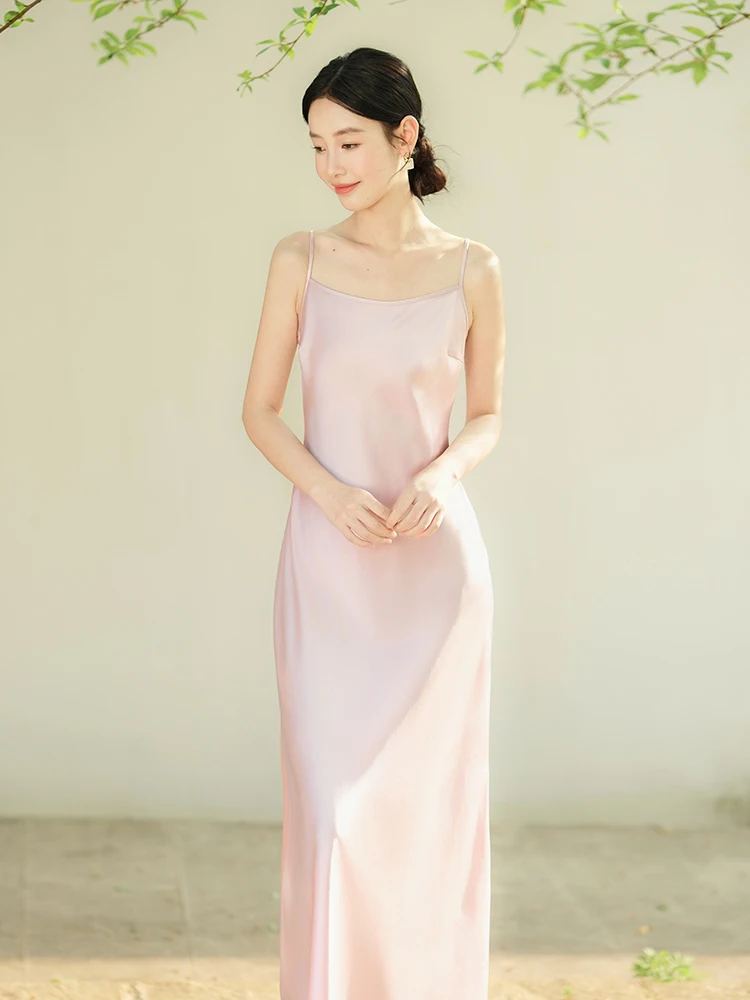 

ibai New Chinese Sle Women's Long Dr 2025 Spring Summer Waist-Cinching Strap High-End Feeling Pink Acetate Gown