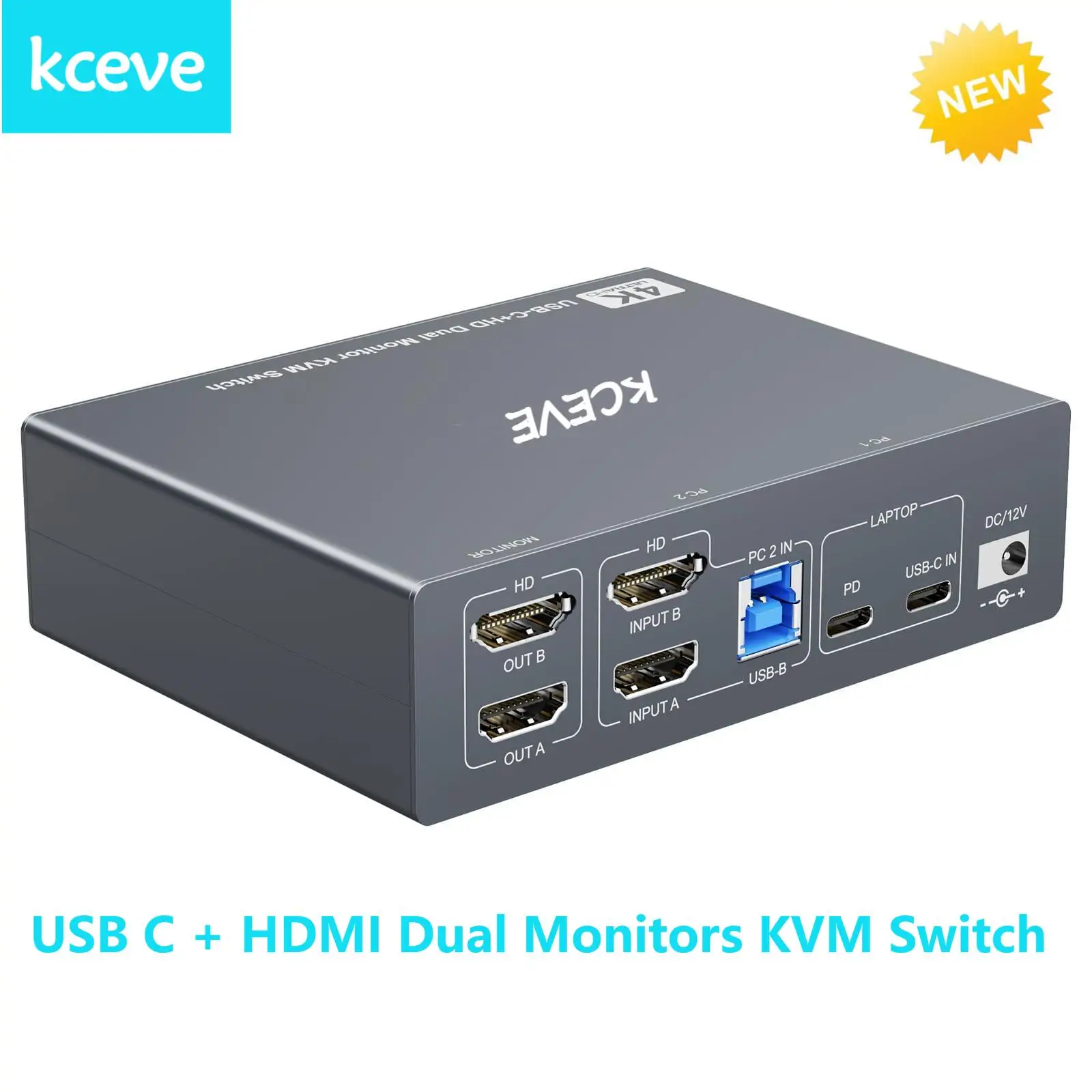 

NEW Dual Monitor KVM Switch for Laptop & Desktop 4K@60Hz,KCEVE USB C + HDMI KVM Switch 2 Monitor 2 Computer with 4 USB 3.0 Port