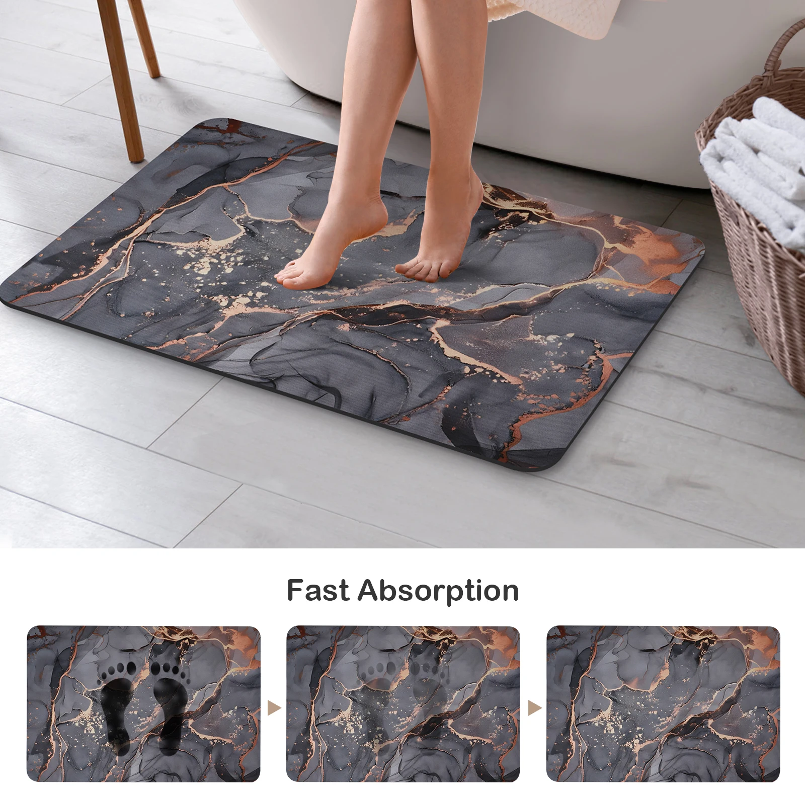 Ultra Thin Super Absorbent Bath Rugs Marble Pattern Non-Slip Bath Mat Soft Diatom Mud Carpet Doormat for Bathroom Tub Shower