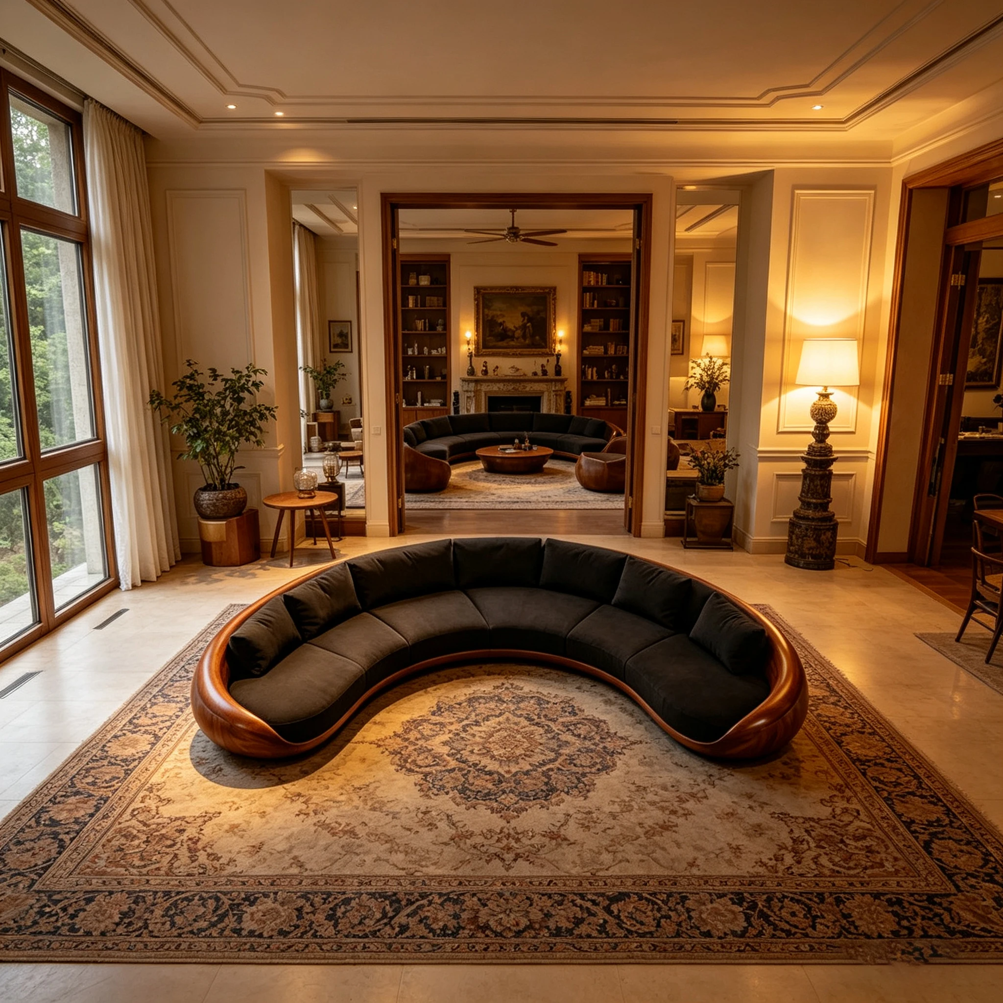Modern luxury curved sofa with a beautifully carved walnut fiberglass frame and black cushions