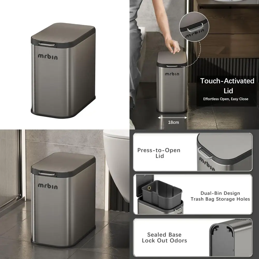 

Slim 9L Stainless Steel Press-Top Trash Can for Bathroom, Kitchen, and Bedroom in Eclipse Grey
