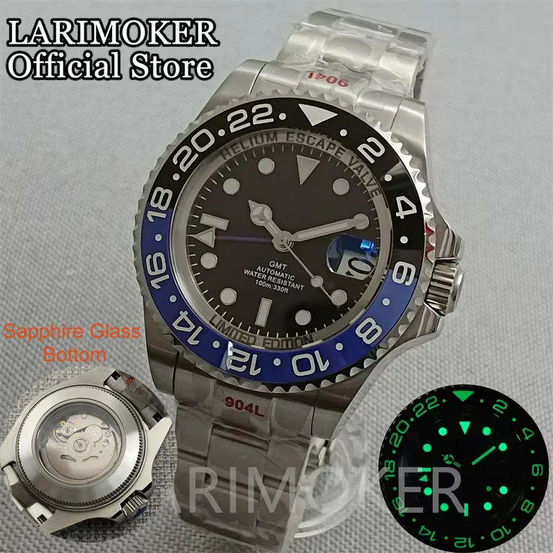 

LARIMOKER 43 мм GMT автоматические мужские часы керамический безель AR синее сапфировое стекло окошко даты сапфировое стекло снизу водонепроницаемые скользящие