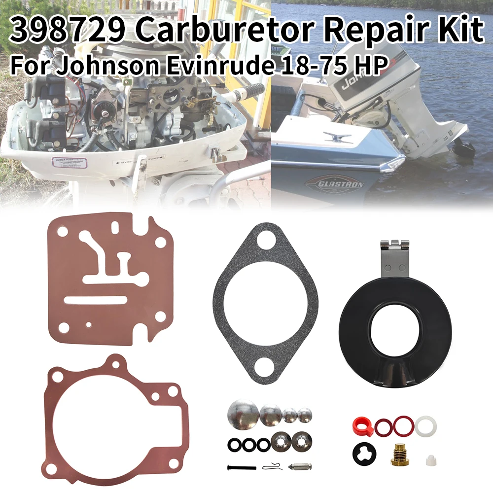 398729 Carburetor Repair Kit with Float For Johnson Evinrude 18-75 HP Re 396701 392061 Sierra 18-7222 18-7042 Mallory 9-37107