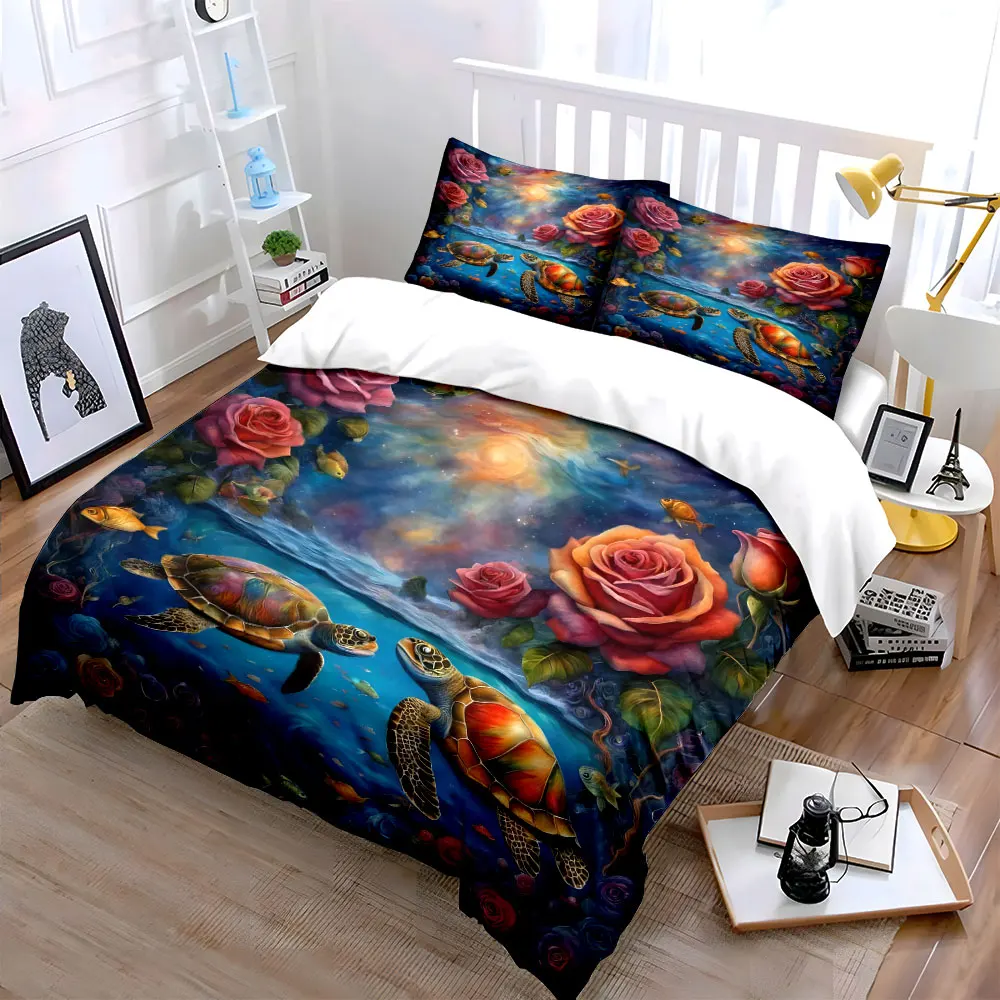 Mystical ocean roses with colorful turtles Printed Duvet Cover Set1 Duvet Cover+2 PillowcaseMulti Size Bedroom Bedding Decor