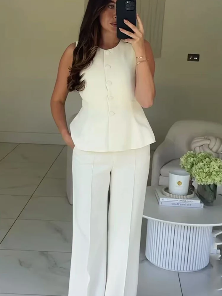 

TFMLN Elegant Straight Pant Set For Women 2 Pieces Fashion O Neck A Line Hem Button Waistcoat High Waist Trousers Female Outfit