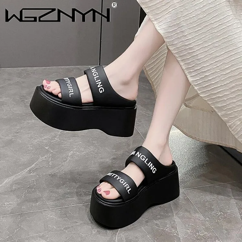 

Summer Fashion Women Hollow Out Beach Slippers New Ladies Wedge Heels Leather Flip-Flops Woman High Platform Outside Sandals 8CM