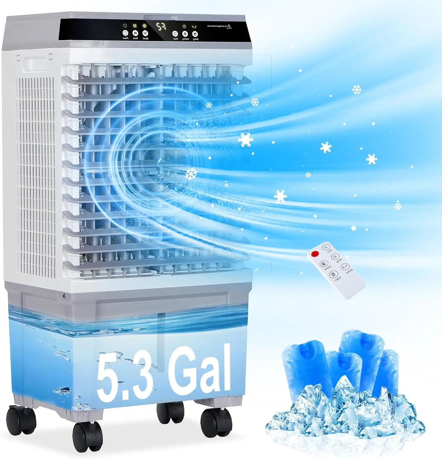 

Air Cooler, Swamp Cooler with 5.3 Gallon Water Tank, 4 Ice Box, Remote, 12H Timer, 110°Oscillation