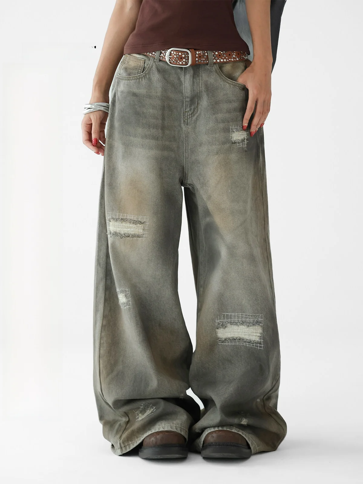 

Джинсы Acestudios American High Street свободного прямого кроя с широкими штанинами, выцветшие, винтажные, в стиле дёрзкого стритстайла, длиной в пол, повседневные, с высокой талией