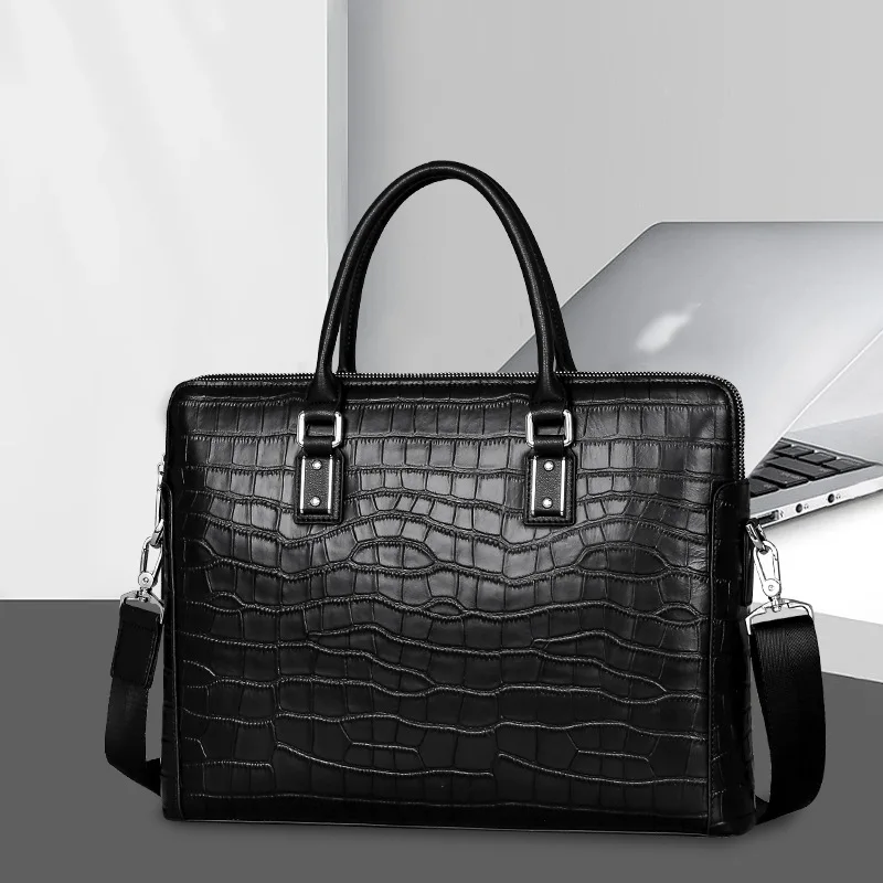 Genuine Leather Business Minimalist Briefcase Capacity Cowhide Computer Laptop Bag Crocodile Patterned Men's Handbag Shopper