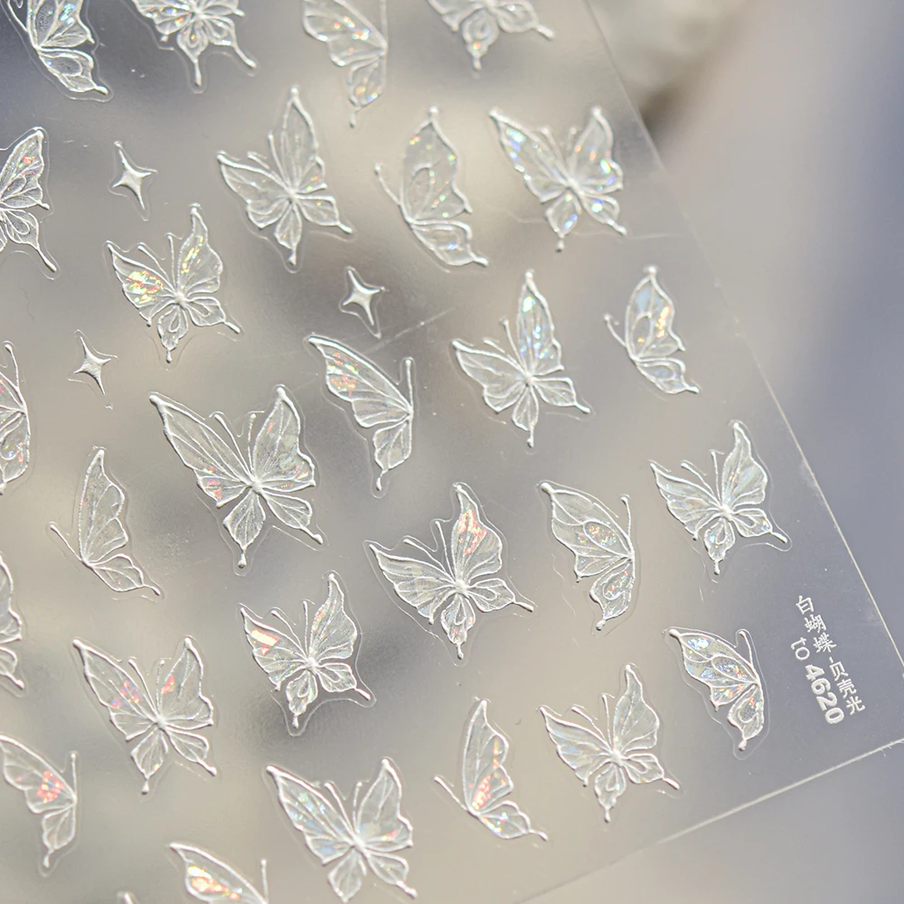 

White Glitter Butterfly 5D Nail Art Sticker Elegant Charming Shiny Wings Animal Insect Self Adhesive Decoration Manicure Decal