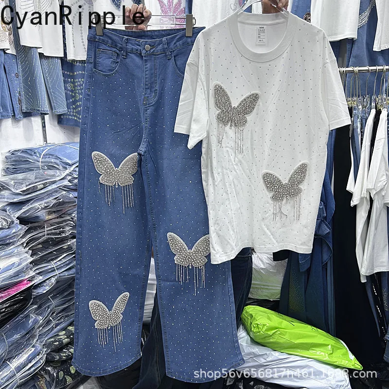2026 Neues Sommer-Zweiteiler-Set für Damen: Diamanten-Schmetterlings-Quasten-T-Shirt mit kurzen Ärmeln + Lässige High-Waist-Jeans mit weitem Bein