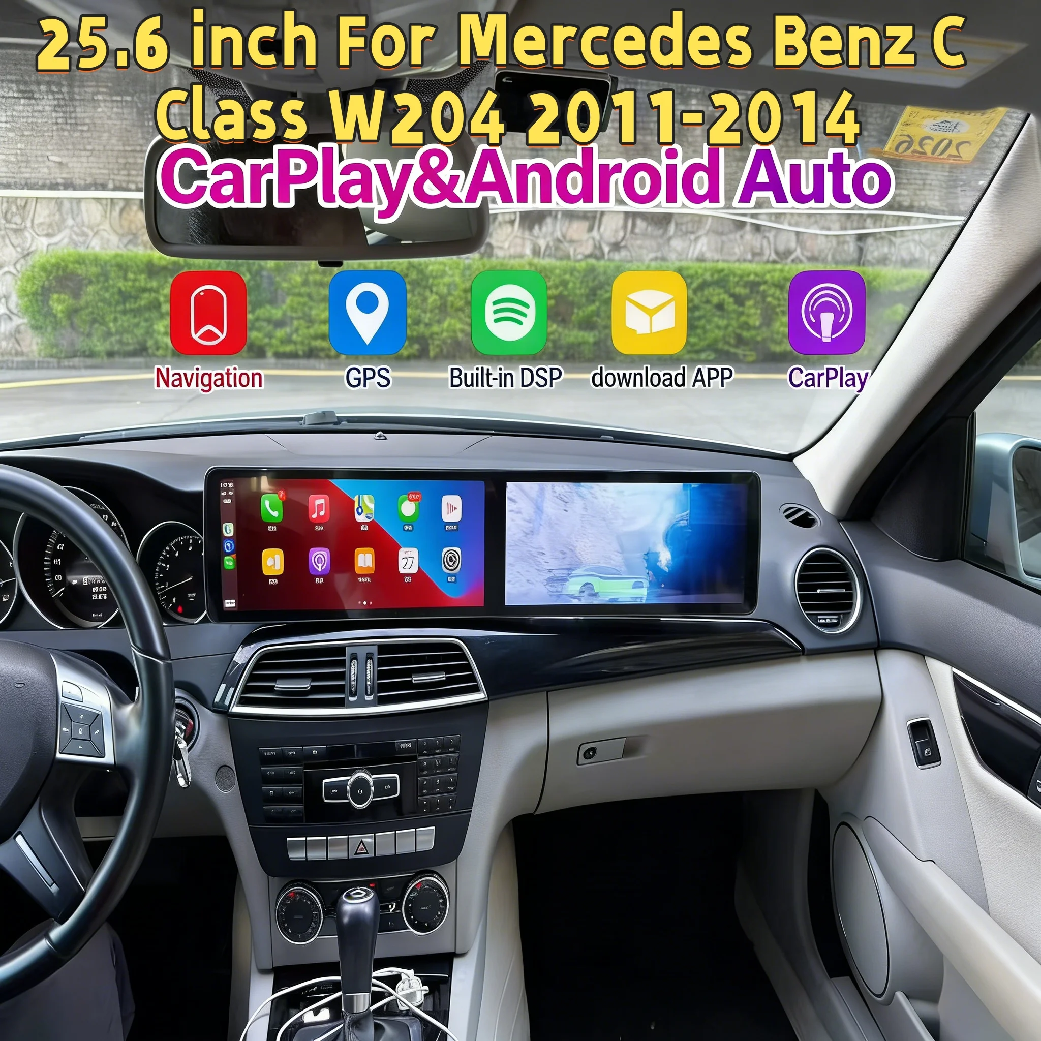 25.6 Inch Dual Screen Android Wireless CarPlay For Mercedes Benz C Class W204 2011-2014 MultimediaPlayer Bluetooth Media LHD RHD