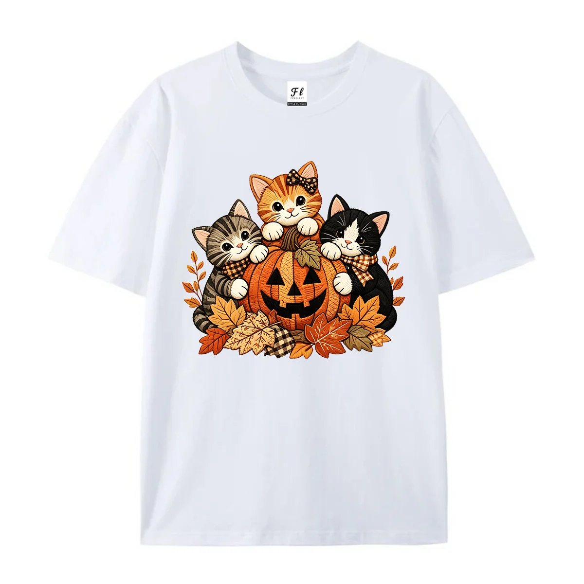 Women Short Sleeve T Shirt Cats Pumpkin Maple Leaf Halloween Fall Print Crew Neck Casual Loose Autumn Animal Lover Basic Tees