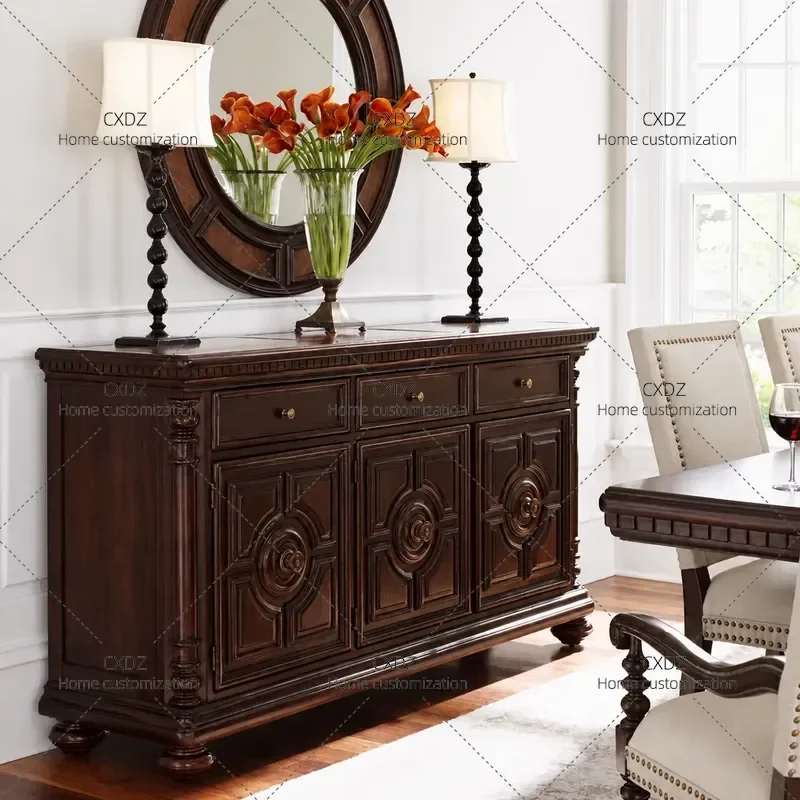 Retro Solid Wood Sideboard Cabinet with Molded Doors High End Custom Storage Unit for Dining Room Rural Style Fully Equipped