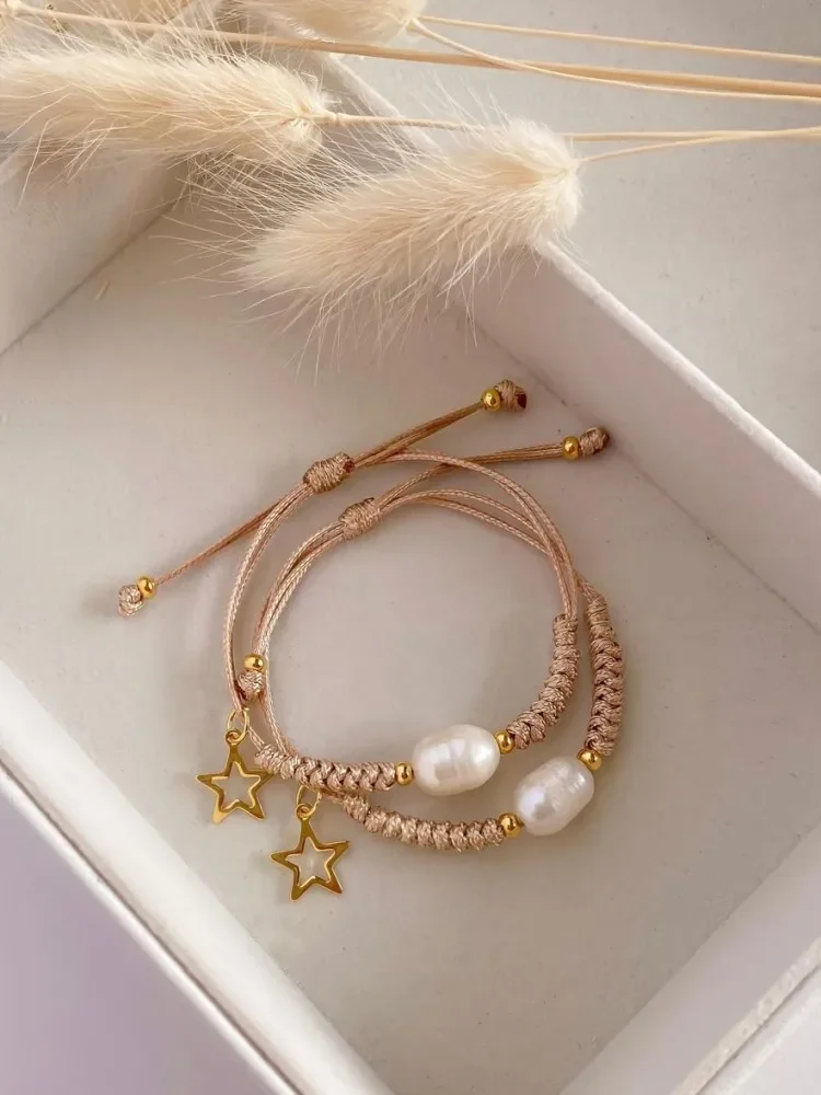 KKBEAD Handmade Woven Wax Thread Braided Bracelet for Women Gift Natural Pearl Pulseras Star Charm Bracelets Jewelry