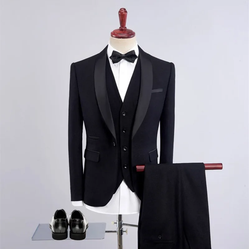 3pcs Men's Business Suits 1 Buttons Blazer Formal Slim Jackets Wedding Dress Suit Vests Groom Prom Dinner Party Waistcoats Pants